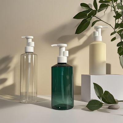 300 ml-500 ml de PET em forma de cilindro, garrafa de bomba de loção para embalagens cosméticas com impressão de logotipo personalizável