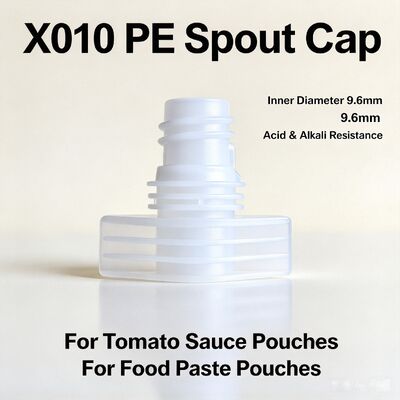 X010 9.6mm tampa plástica de bico de PE de grau alimentício, resistente a ácidos e álcalis. Ideal para sachês com bico para ketchup, molho e pasta. Boa soldagem a quente, design rosqueado à prova de vazamentos para embalagens de líquidos alimentícios.