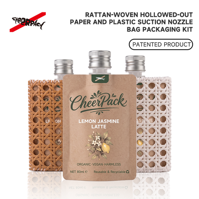 Bolsa de Rattan Reutilizavel com Garrafa de Alumínio CheerPack Bolsa de Rattan Patenteada de 100ml com Manga Reutilizavel e Garrafa de Alumínio Embalagem Eco Cosmética, OEM/ODM bem vindo.